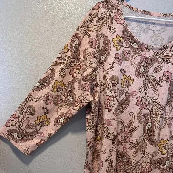 J Jill Luxe Supima Size-2X A Line Tunic Pink Yellow‎ Paisley 3/4 Sleeve - Picture 8 of 9